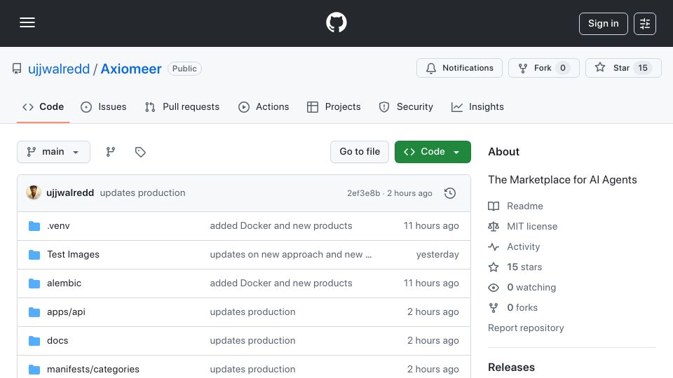 Screenshot of github.com: Show HN: Axiomeer – An open marketplace for AI agents