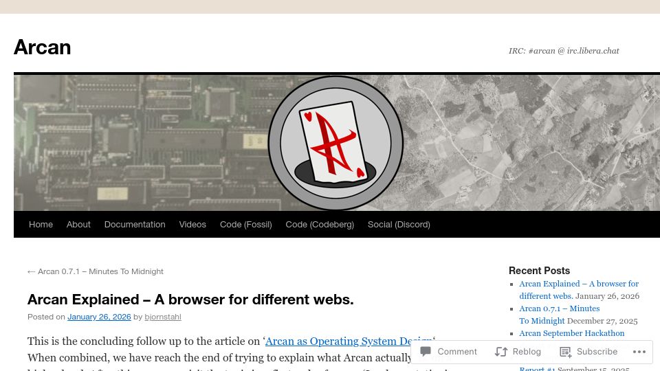 Screenshot of arcan-fe.com: Arcan Explained – A browser for different webs