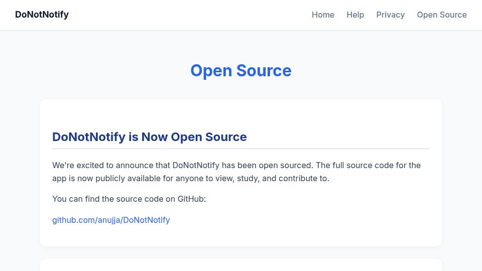 Screenshot of donotnotify.com: DoNotNotify is now Open Source