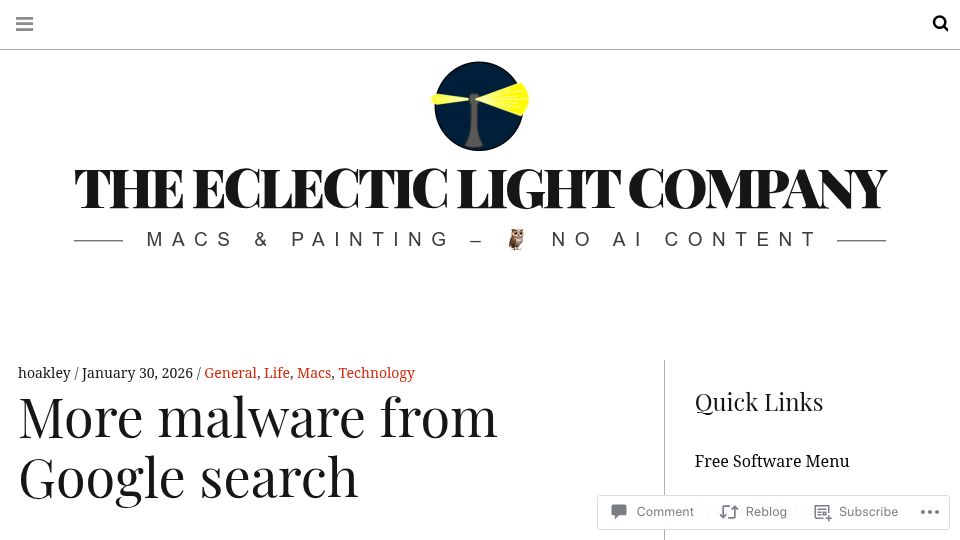 Screenshot of eclecticlight.co: More Mac malware from Google search