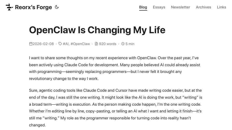 Screenshot of reorx.com: OpenClaw is changing my life