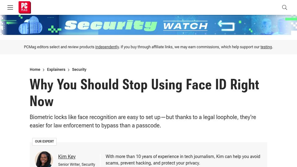 Screenshot of pcmag.com: Stop Using Face ID