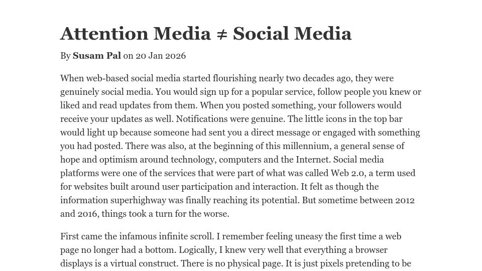 Screenshot of susam.net: Attention Media ≠ Social Media