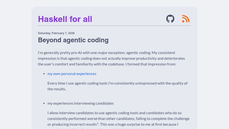 Screenshot of haskellforall.com: Beyond agentic coding