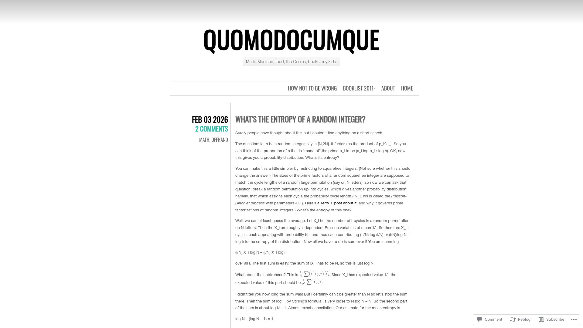Screenshot of quomodocumque.wordpress.com: What's the Entropy of a Random Integer?
