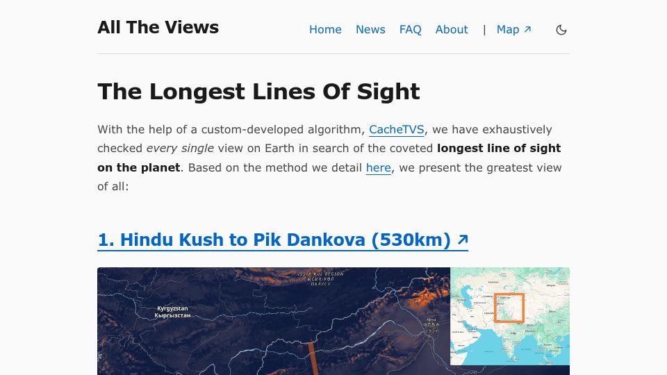 Screenshot of alltheviews.world: Show HN: Algorithmically finding the longest line of sight on Earth
