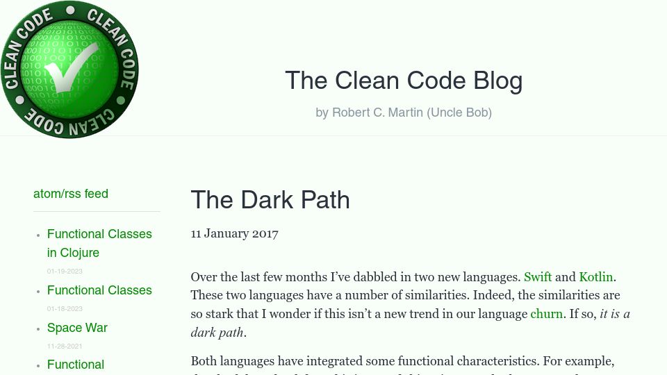Screenshot of blog.cleancoder.com: Clean Coder: The Dark Path (2017)