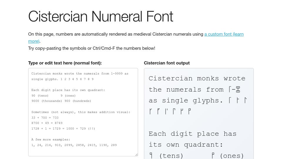 Screenshot of bobbiec.github.io: Show HN: A custom font that displays Cistercian numerals using ligatures