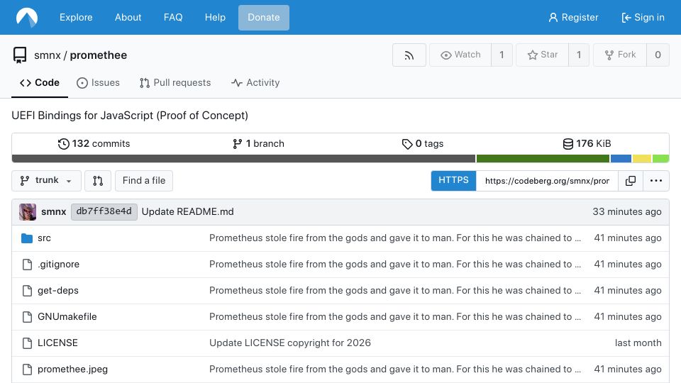 Screenshot of codeberg.org: UEFI Bindings for JavaScript
