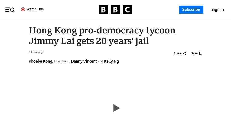 Screenshot of bbc.com: Hong Kong pro-democracy tycoon Jimmy Lai gets 20 years' jail
