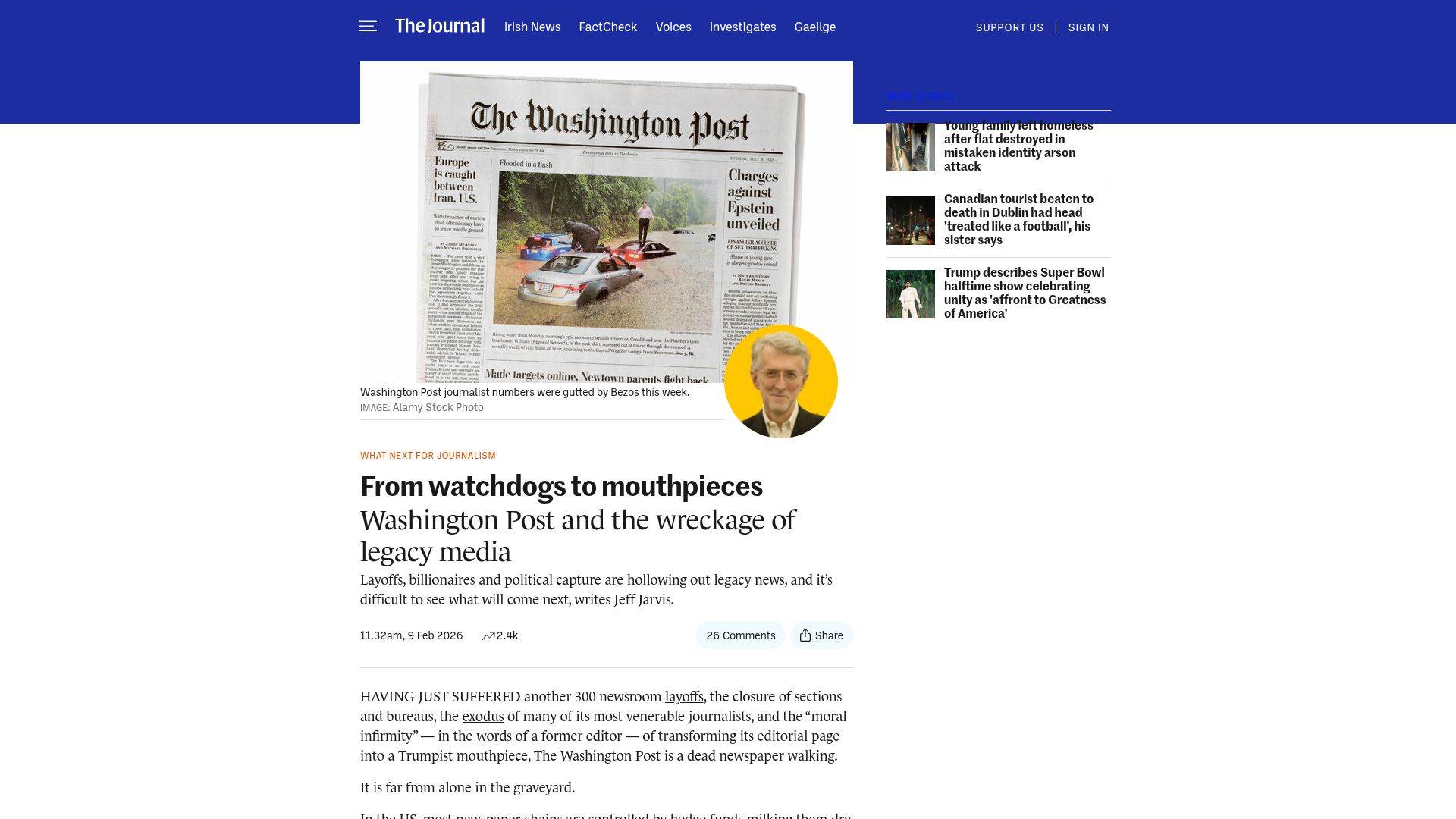 Screenshot of thejournal.ie: From watchdogs to mouthpieces: Washington Post and the wreckage of legacy media