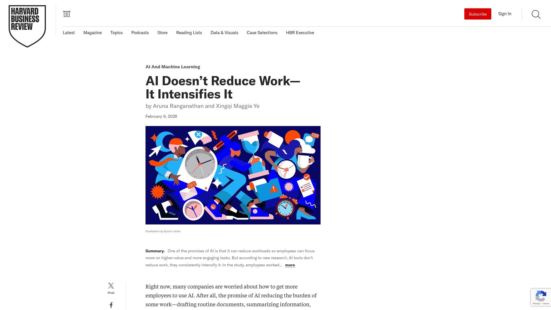 Screenshot of hbr.org: AI Doesn't Reduce Work–It Intensifies It