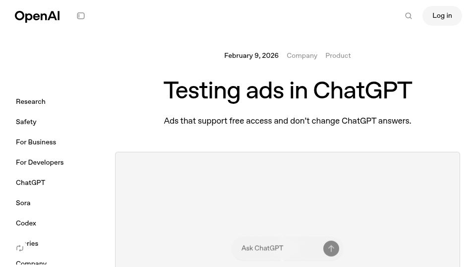 Screenshot of openai.com: Testing Ads in ChatGPT