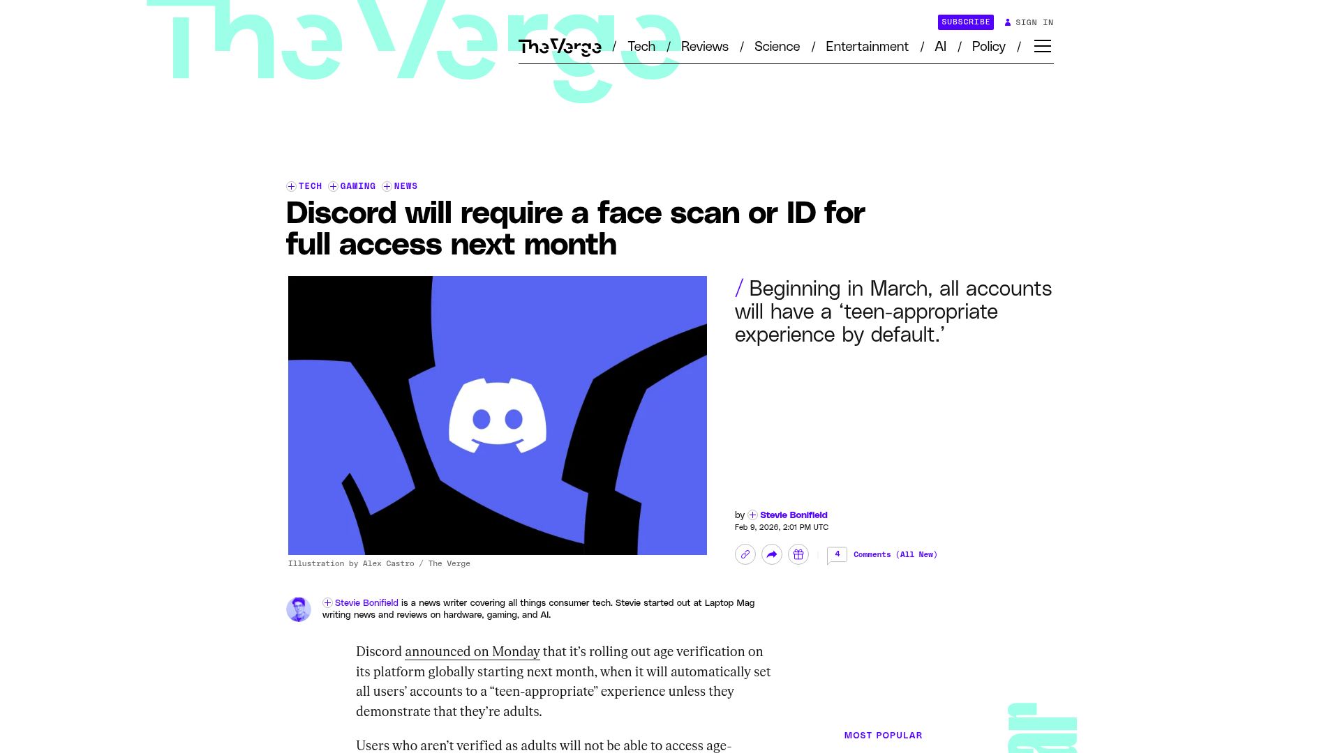 Screenshot of theverge.com: Discord will require a face scan or ID for full access next month