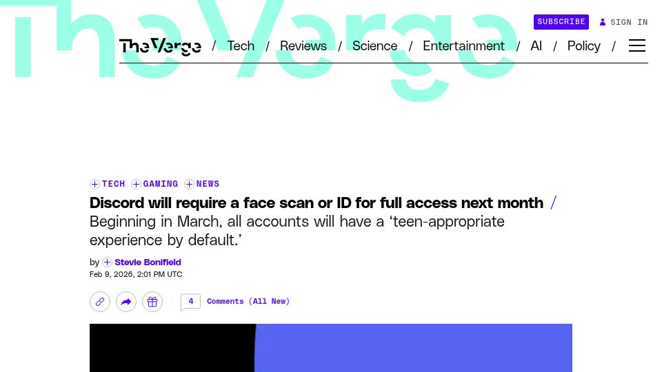 Screenshot of theverge.com: Discord will require a face scan or ID for full access next month