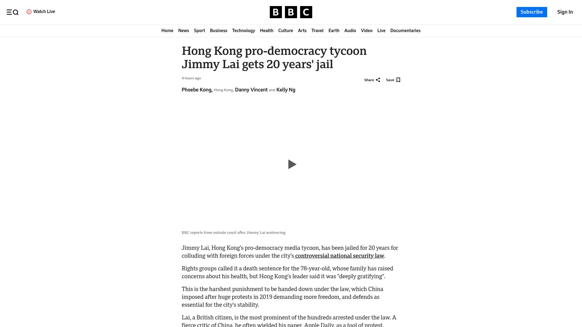 Screenshot of bbc.com: Hong Kong pro-democracy tycoon Jimmy Lai gets 20 years' jail