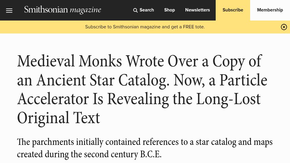 Screenshot of smithsonianmag.com: Medieval Monks Wrote over Ancient Star Catalog – Particle Accel Reveals Original