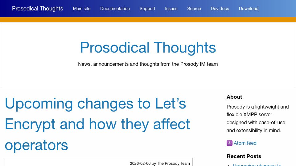 Screenshot of blog.prosody.im: Upcoming changes to Let's Encrypt and how they affect XMPP server operators