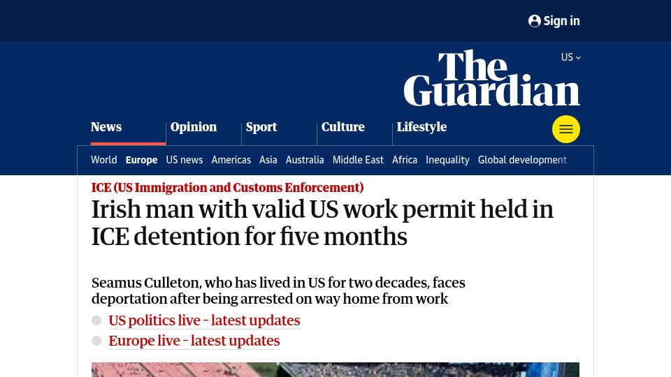 Screenshot of theguardian.com: Irish man with valid US work permit held in ICE detention for five months
