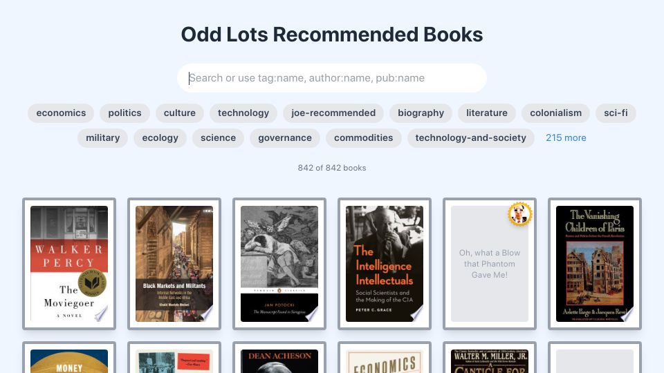 Screenshot of odd-lots-books.netlify.app: Every book recommended on the Odd Lots Discord