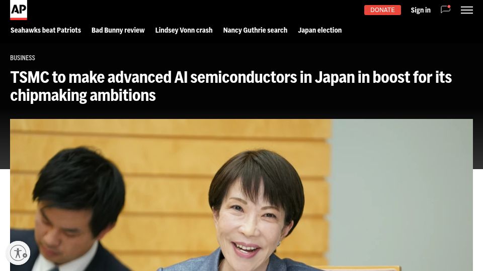 Screenshot of apnews.com: TSMC to make advanced AI semiconductors in Japan