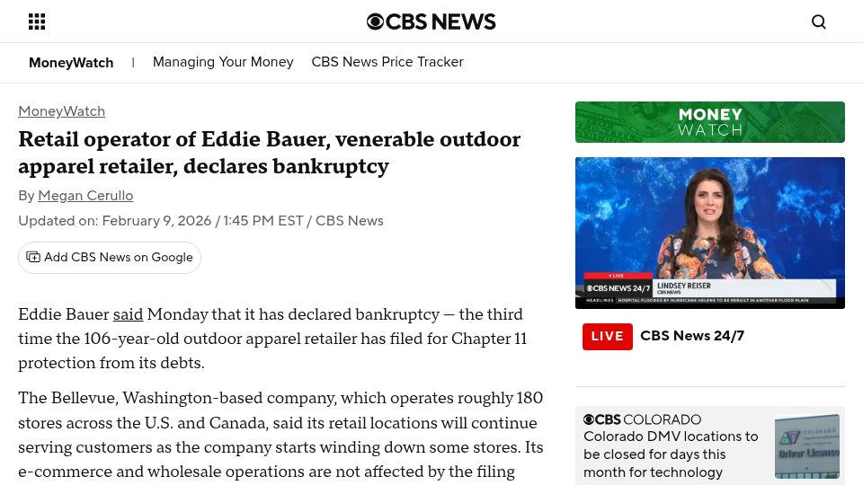 Screenshot of cbsnews.com: Eddie Bauer, venerable outdoor apparel retailer, declares bankruptcy