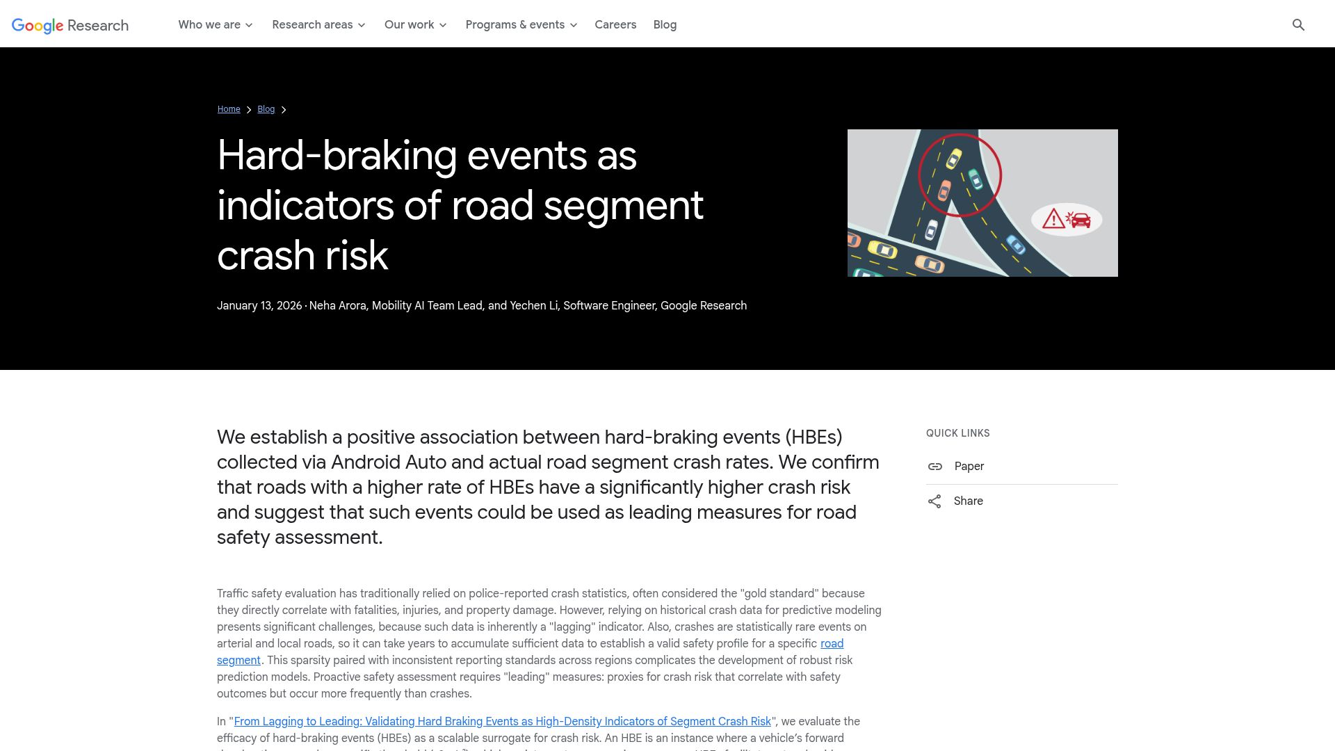 Screenshot of research.google: Hard-braking events as indicators of road segment crash risk
