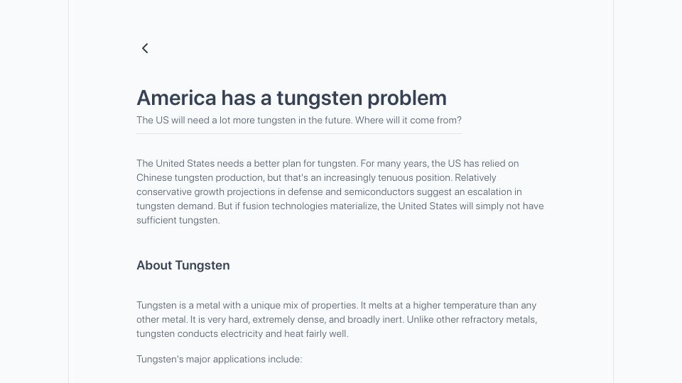 Screenshot of noleary.com: America has a tungsten problem