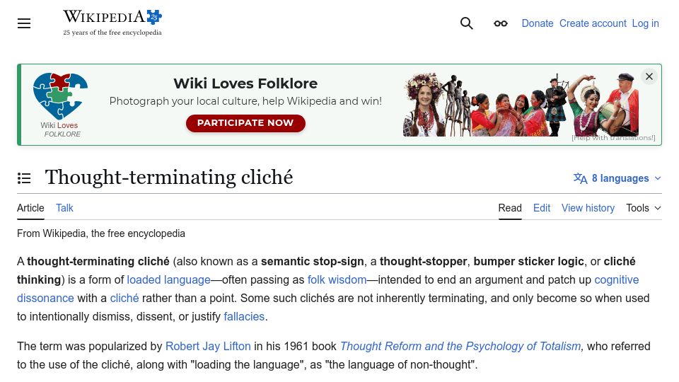 Screenshot of en.wikipedia.org: Thought-Terminating Cliché
