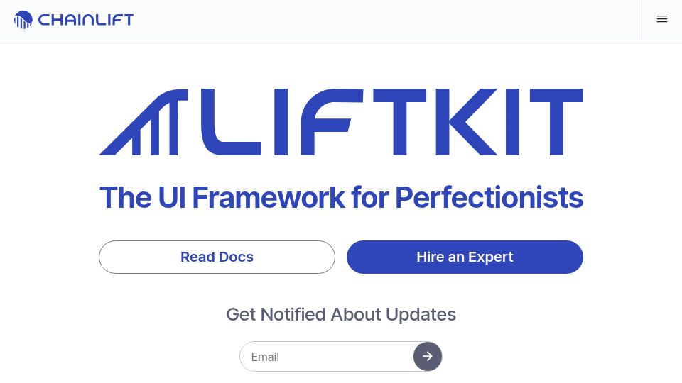 Screenshot of chainlift.io: LiftKit – UI where "everything derives from the golden ratio"