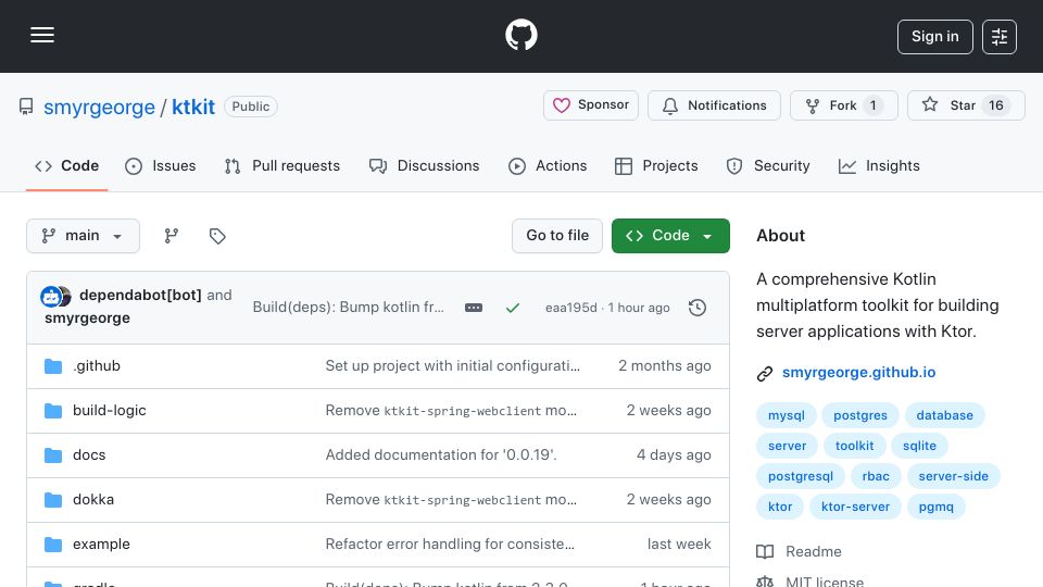 Screenshot of github.com: Ktkit: A Kotlin toolkit for building server applications with Ktor