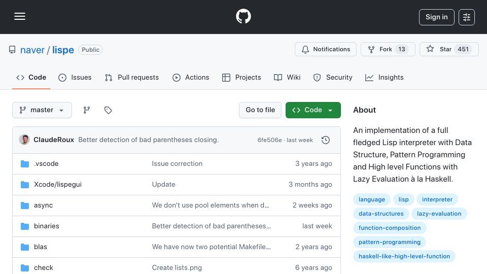 Screenshot of github.com: LispE: Lisp Interpreter with Pattern Programming and Lazy Evaluation