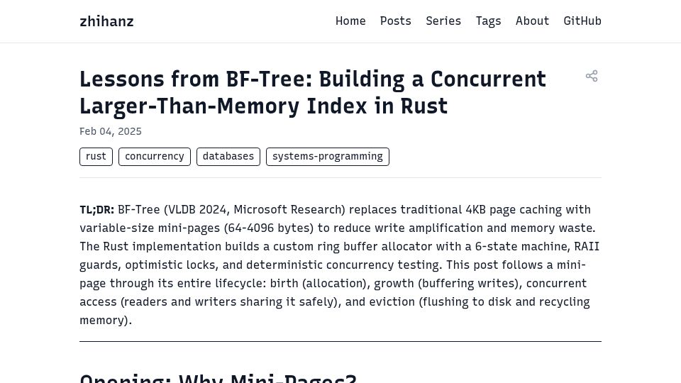 Screenshot of zhihanz.github.io: Lessons from BF-Tree: Building a Concurrent Larger-Than-Memory Index in Rust