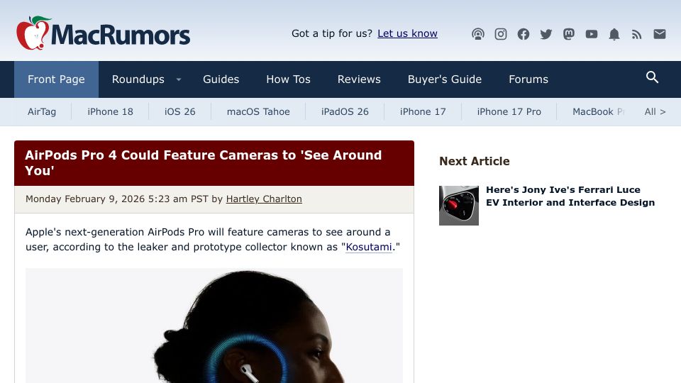 Screenshot of macrumors.com: AirPods Pro 4 Could Feature Cameras to 'See Around You'
