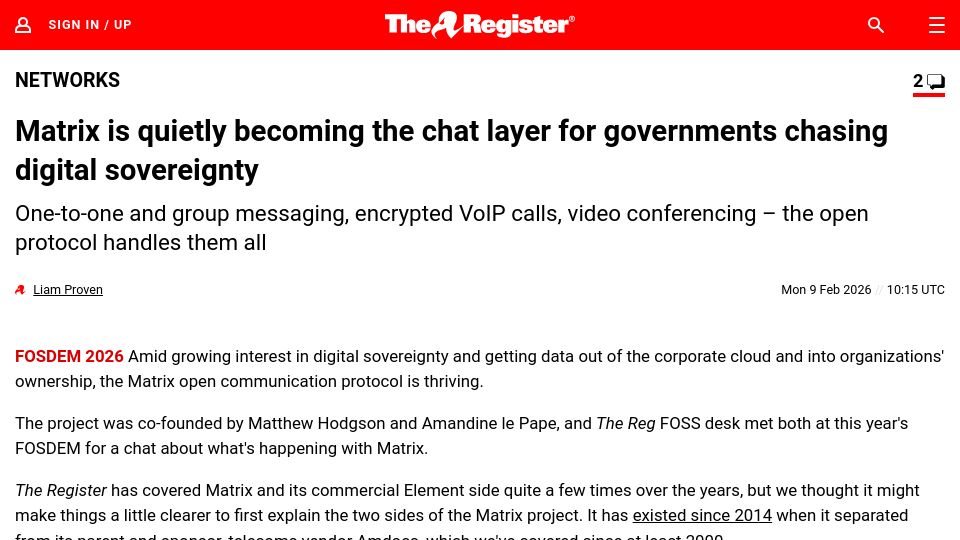 Screenshot of theregister.com: Matrix messaging gaining ground in government IT