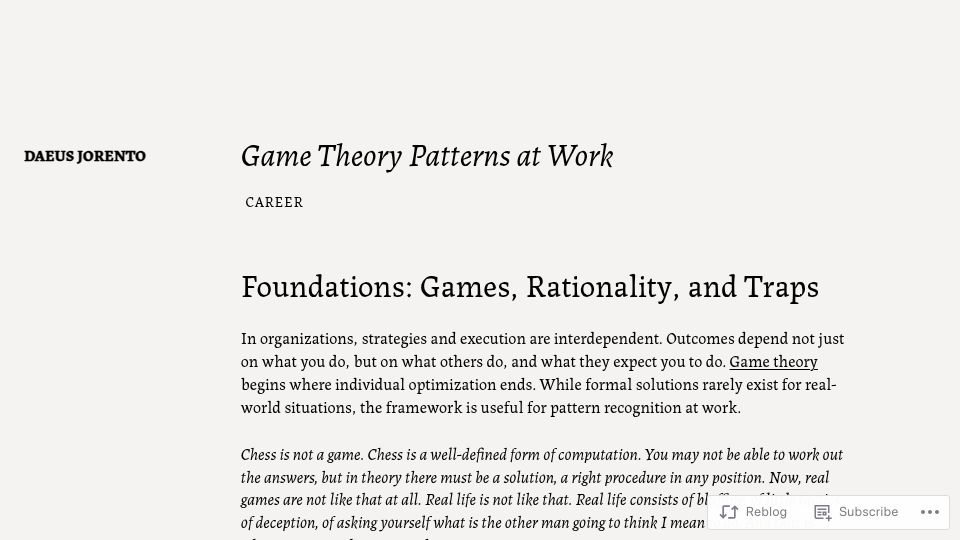 Screenshot of daeus.blog: Game Theory Patterns at Work (2016)