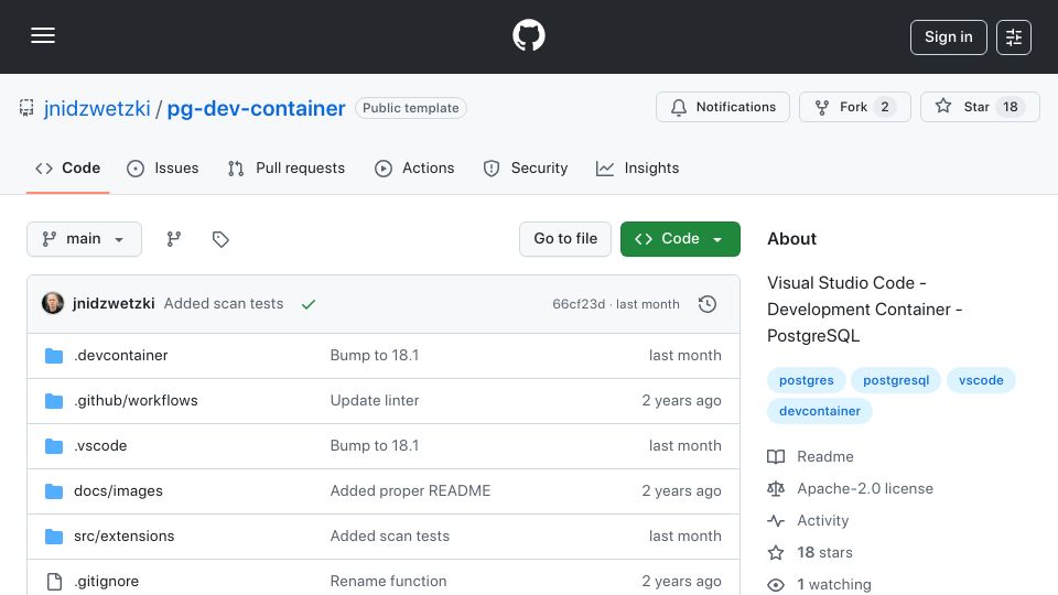 Screenshot of github.com: Pg-dev-container is a ready-to-run VS Code development container for PostgreSQL