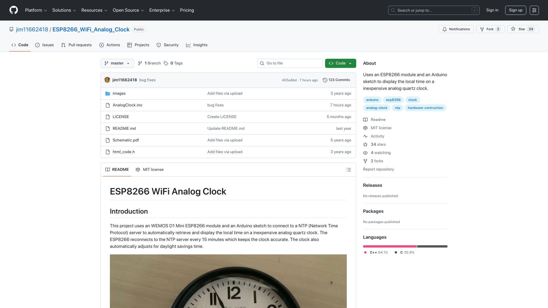 Screenshot of github.com: Converting a $3.88 analog clock from Walmart into a ESP8266-based Wi-Fi clock