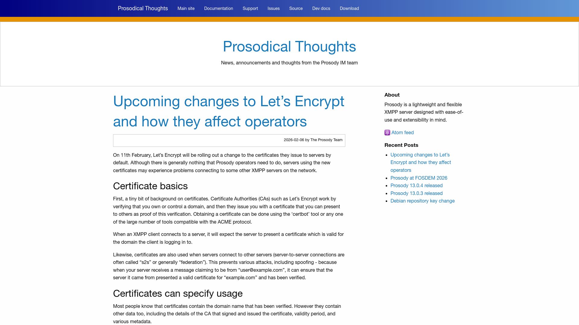 Screenshot of blog.prosody.im: Upcoming changes to Let's Encrypt and how they affect XMPP server operators