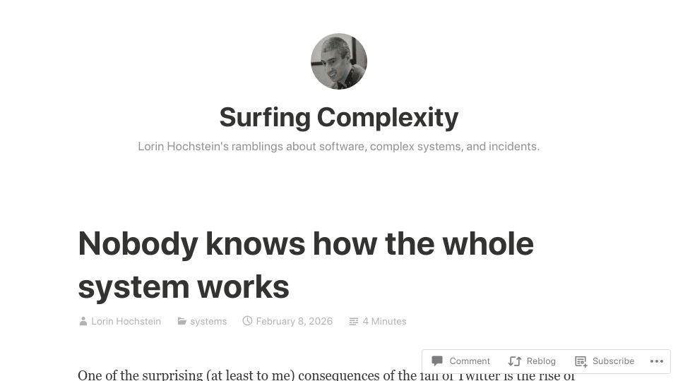 Screenshot of surfingcomplexity.blog: Nobody knows how the whole system works