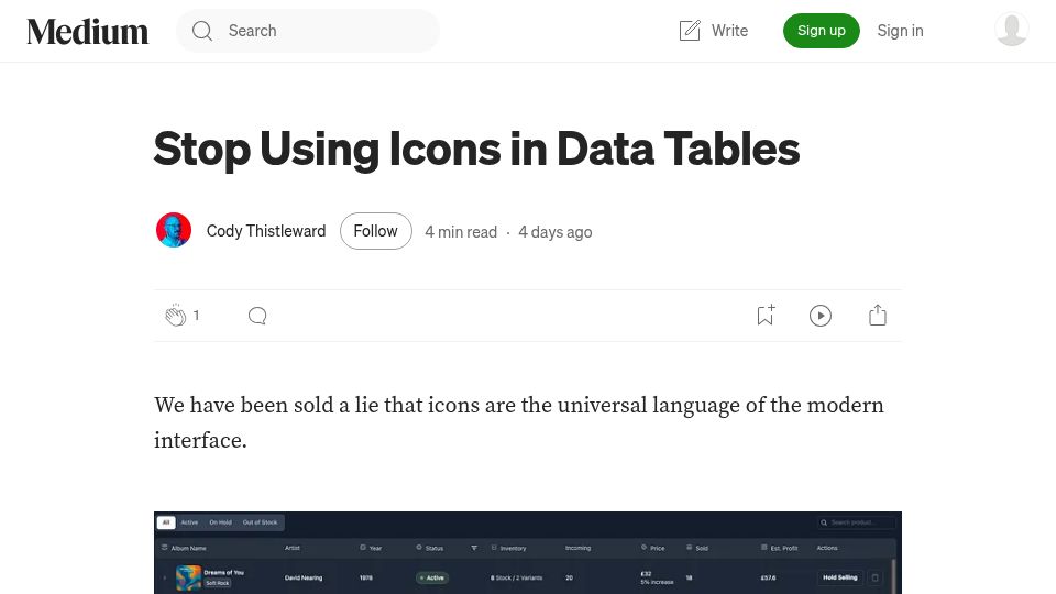Screenshot of medium.com: Stop using icons in data tables