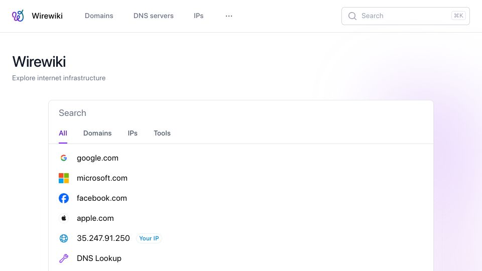 Screenshot of wirewiki.com: Show HN: Browse Internet Infrastructure