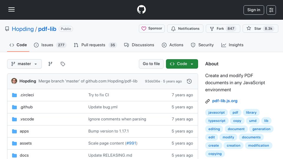 Screenshot of github.com: Is the author of pdf-lib okay?