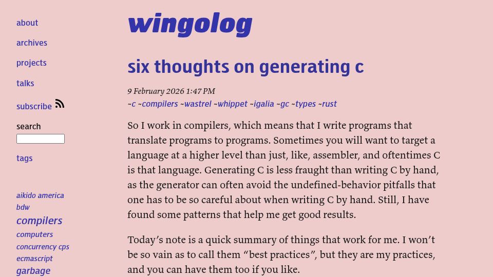 Screenshot of wingolog.org: Thoughts on Generating C