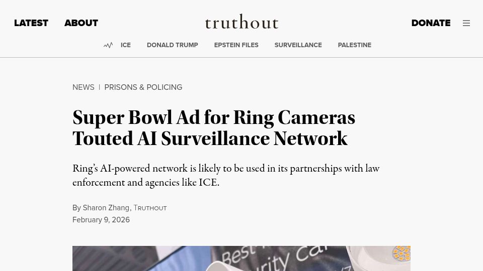 Screenshot of truthout.org: Super Bowl Ad for Ring Cameras Touted AI Surveillance Network