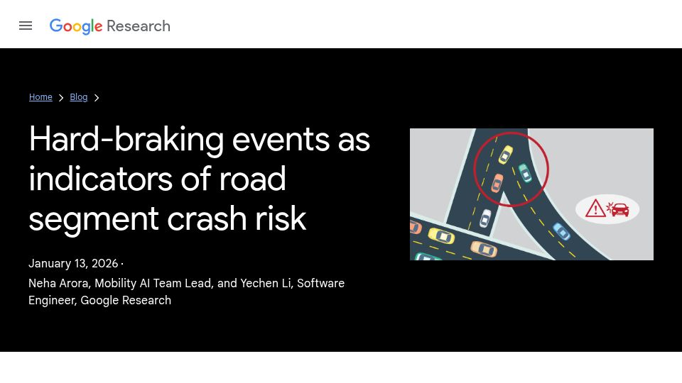 Screenshot of research.google: Hard-braking events as indicators of road segment crash risk