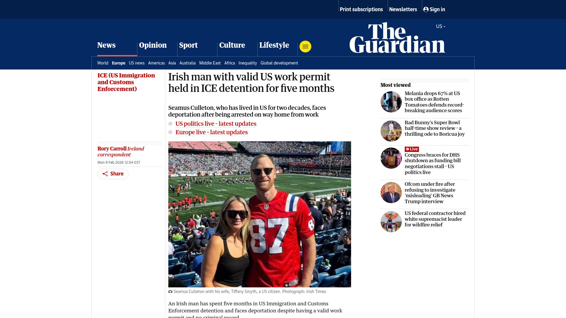 Screenshot of theguardian.com: Irish man with valid US work permit held in ICE detention for five months