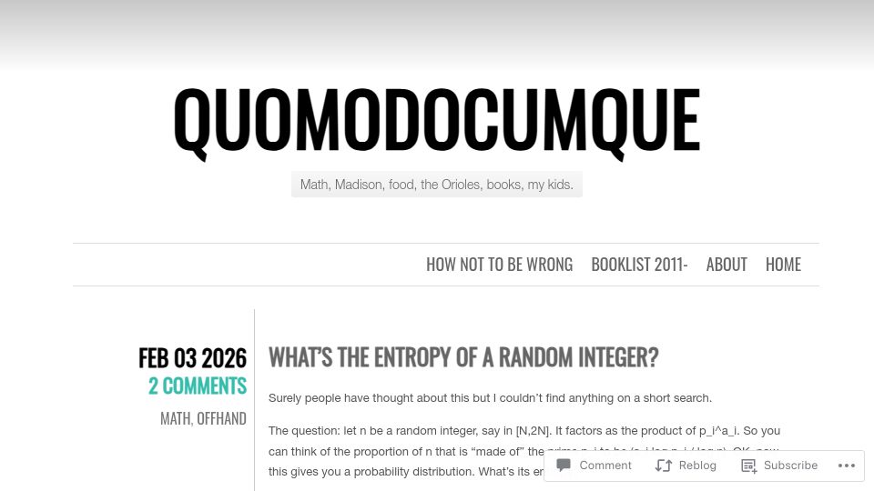 Screenshot of quomodocumque.wordpress.com: What's the Entropy of a Random Integer?