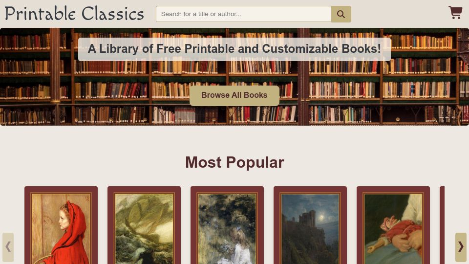 Screenshot of printableclassics.com: Show HN: Printable Classics – Free printable classic books for hobby bookbinders
