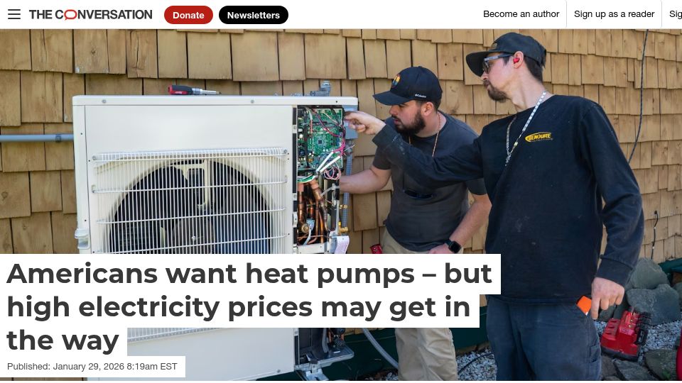 Screenshot of theconversation.com: Americans want heat pumps – but high electricity prices may get in the way